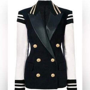 Black & White Varsity Blazer with Faux Leather Sleeves – Size Small